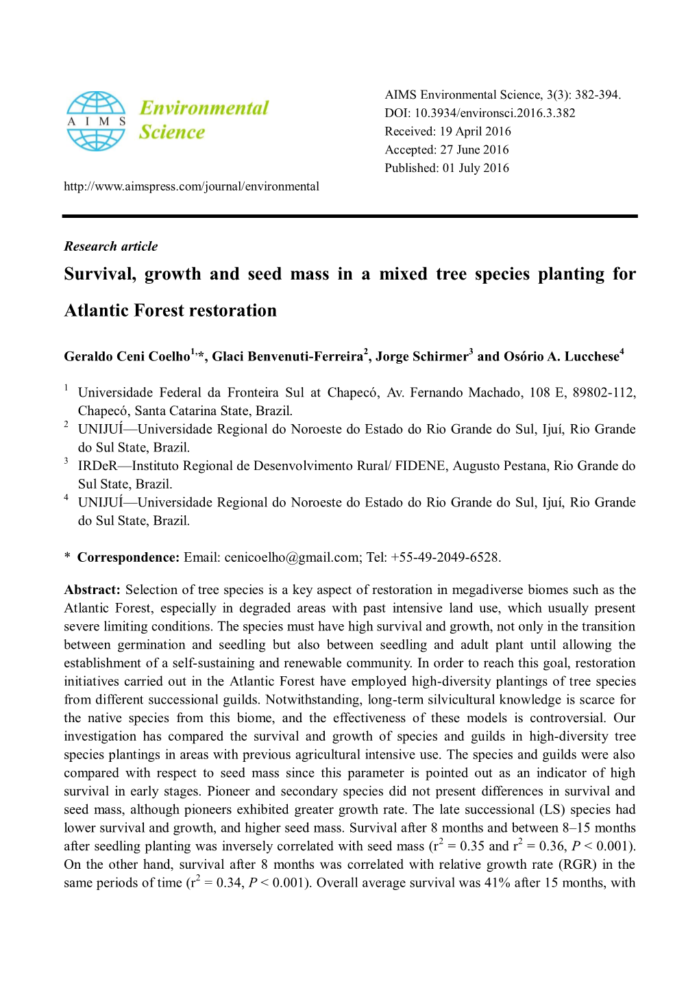 Survival, Growth and Seed Mass in a Mixed Tree Species Planting for Atlantic Forest Restoration