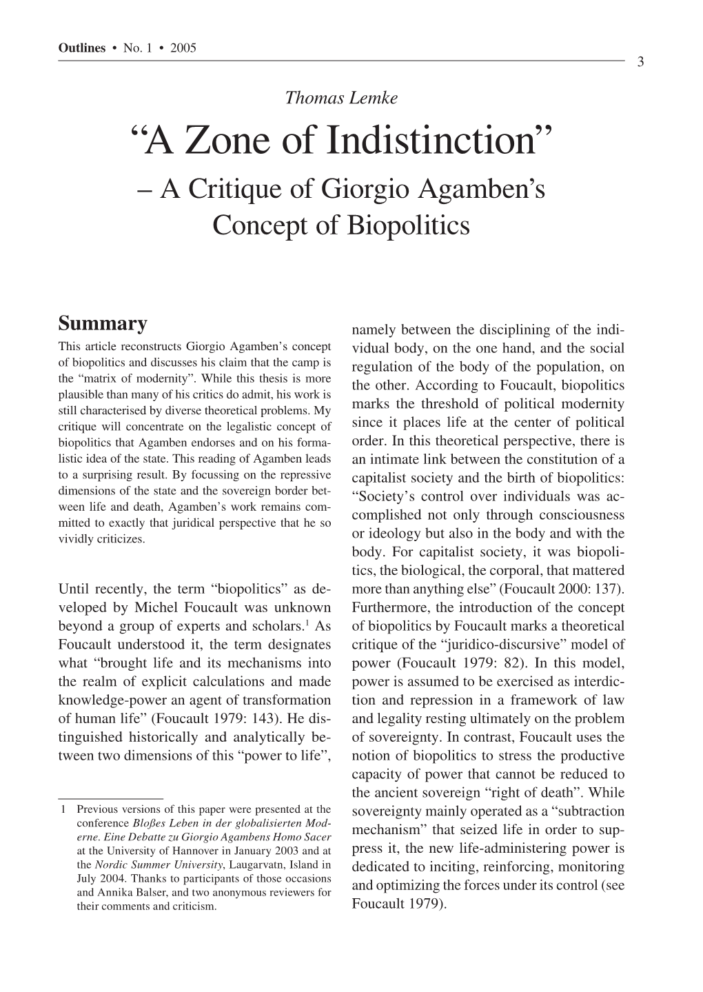 “A Zone of Indistinction” – a Critique of Giorgio Agamben’S Concept of Biopolitics