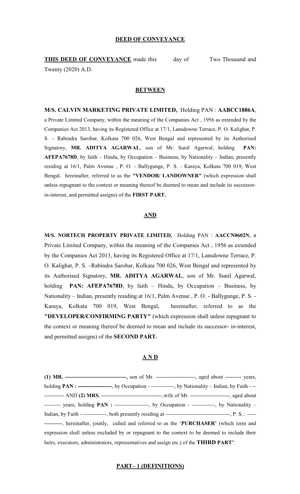 DEED of CONVEYANCE THIS DEED of CONVEYANCE Made This Day of Two Thousand and Twenty