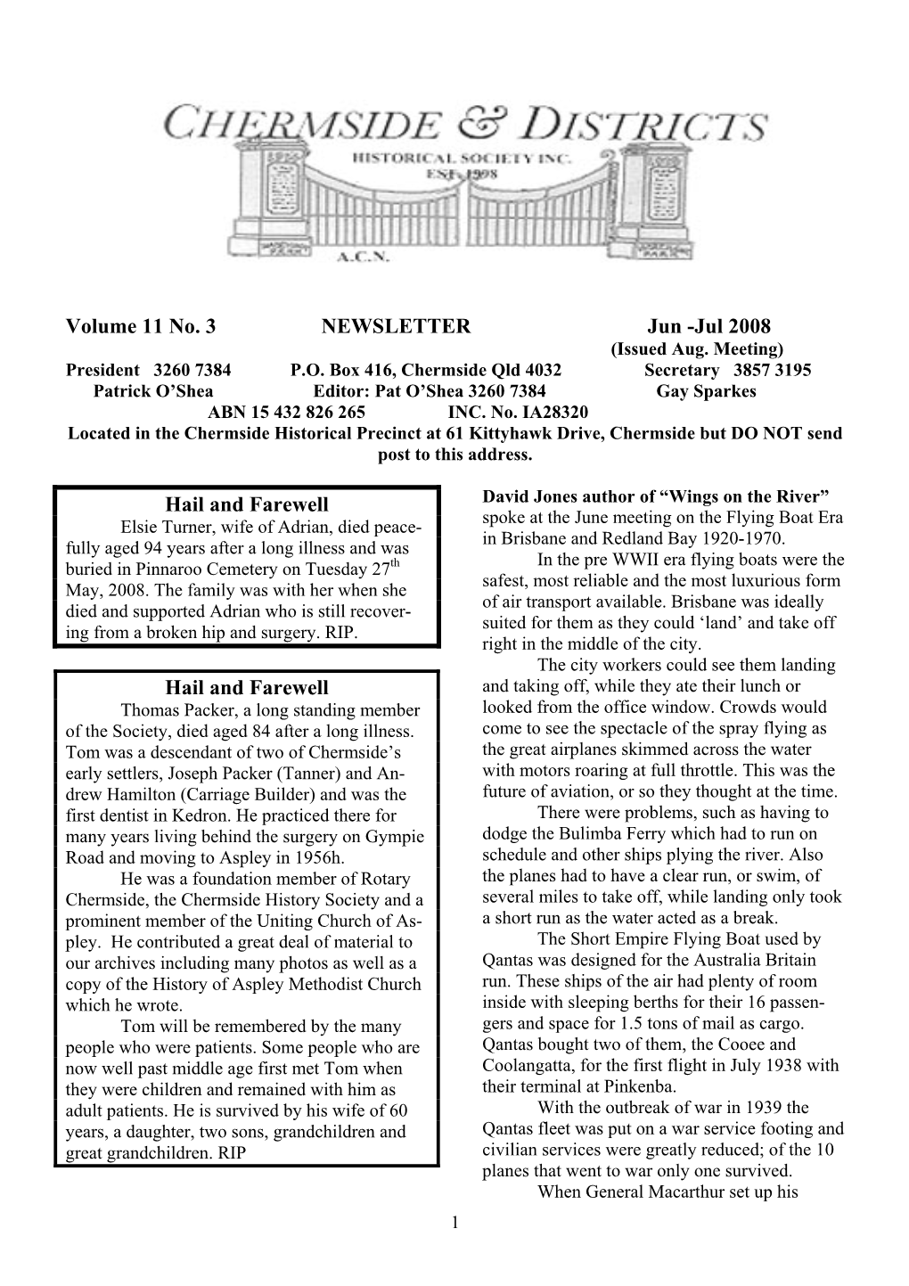 Volume 11 No. 3 NEWSLETTER Jun -Jul 2008 (Issued Aug