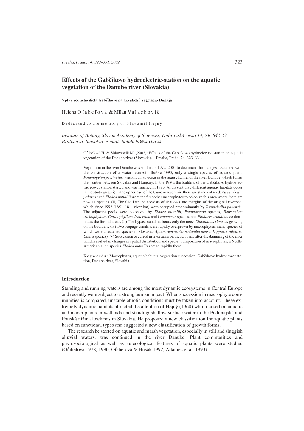 Effects of the Gabčíkovo Hydroelectric-Station on the Aquatic Vegetation of the Danube River (Slovakia)