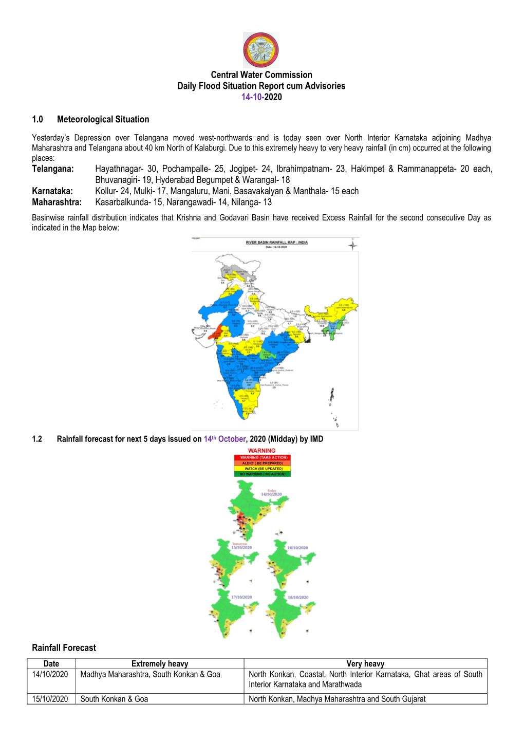 Central Water Commission Daily Flood Situation Report Cum Advisories 14-10-2020