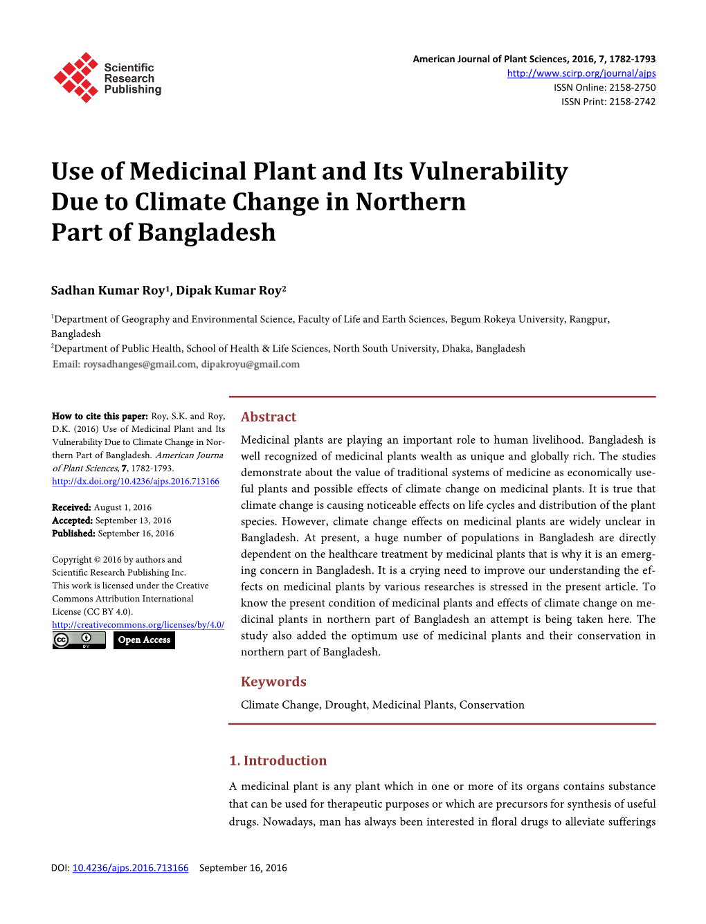 Use of Medicinal Plant and Its Vulnerability Due to Climate Change in Northern Part of Bangladesh