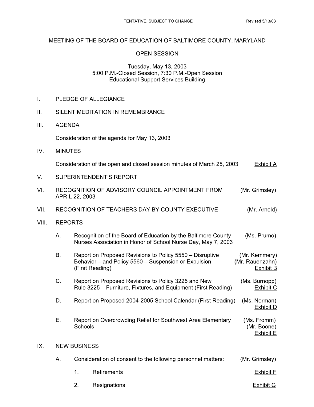 Board of Education Meeting Packet for May 13, 2003