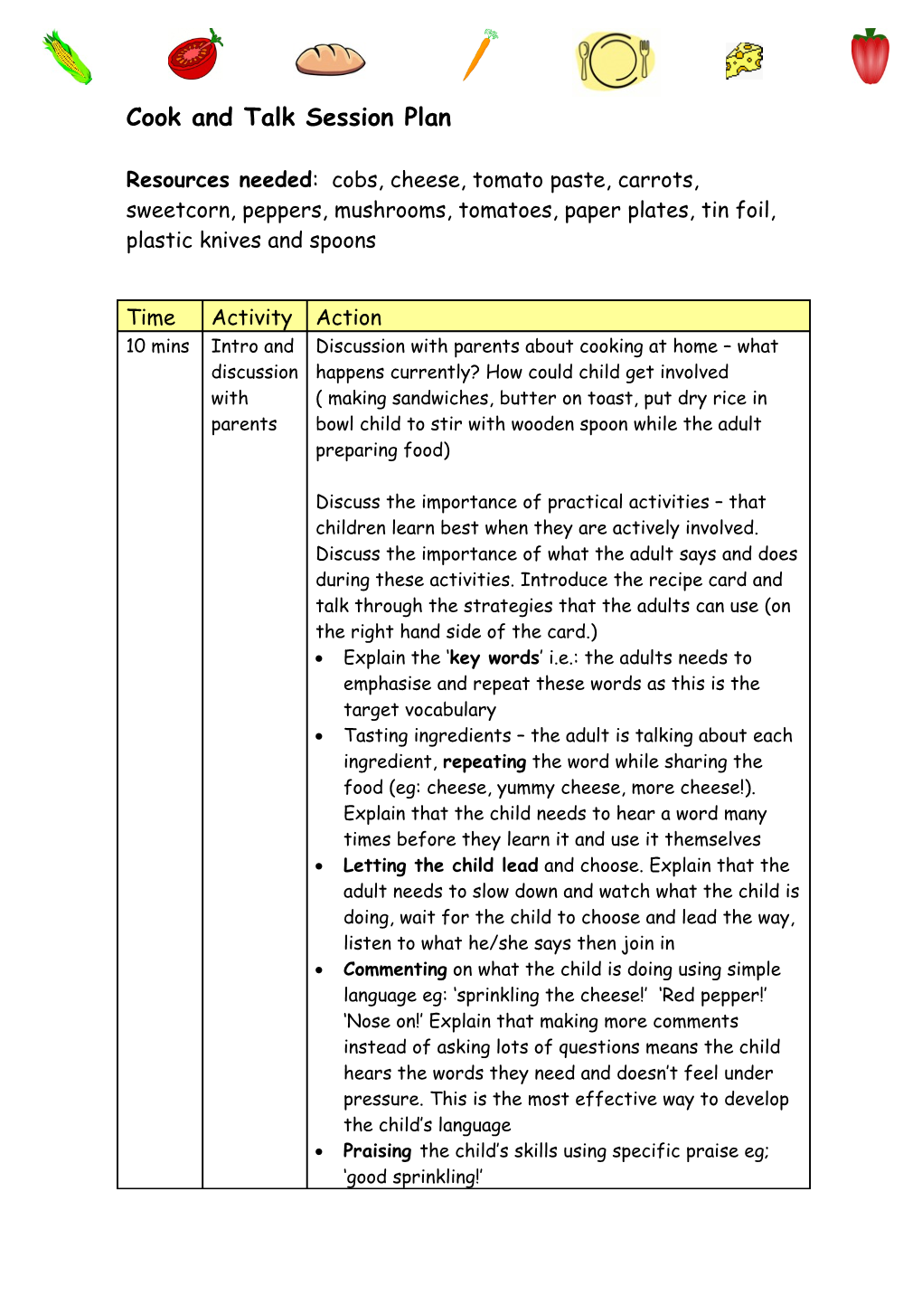 Cook and Talk Session Plan