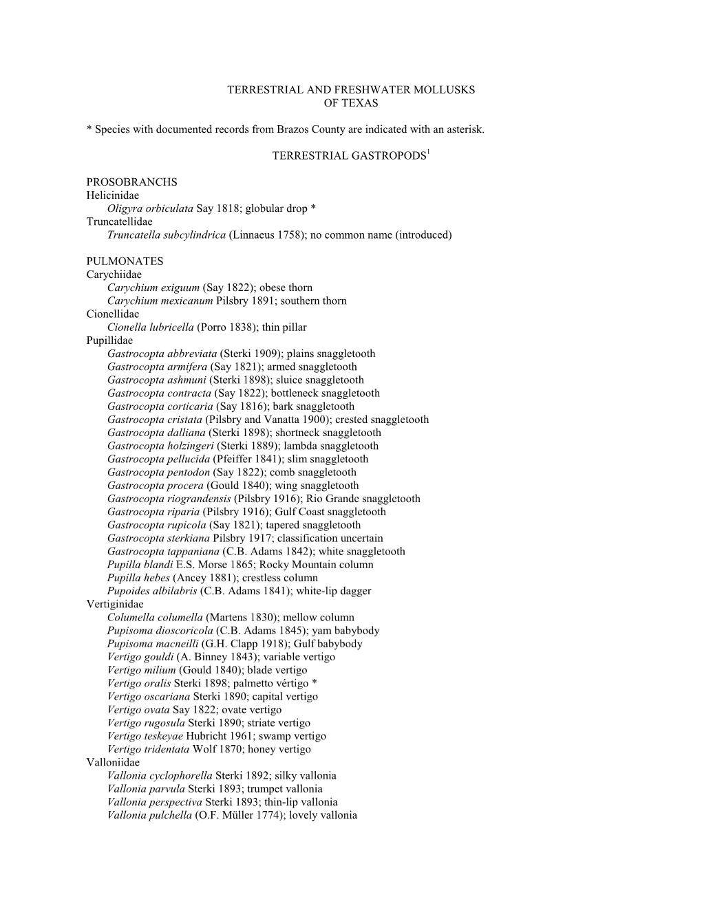 TERRESTRIAL and FRESHWATER MOLLUSKS of TEXAS * Species