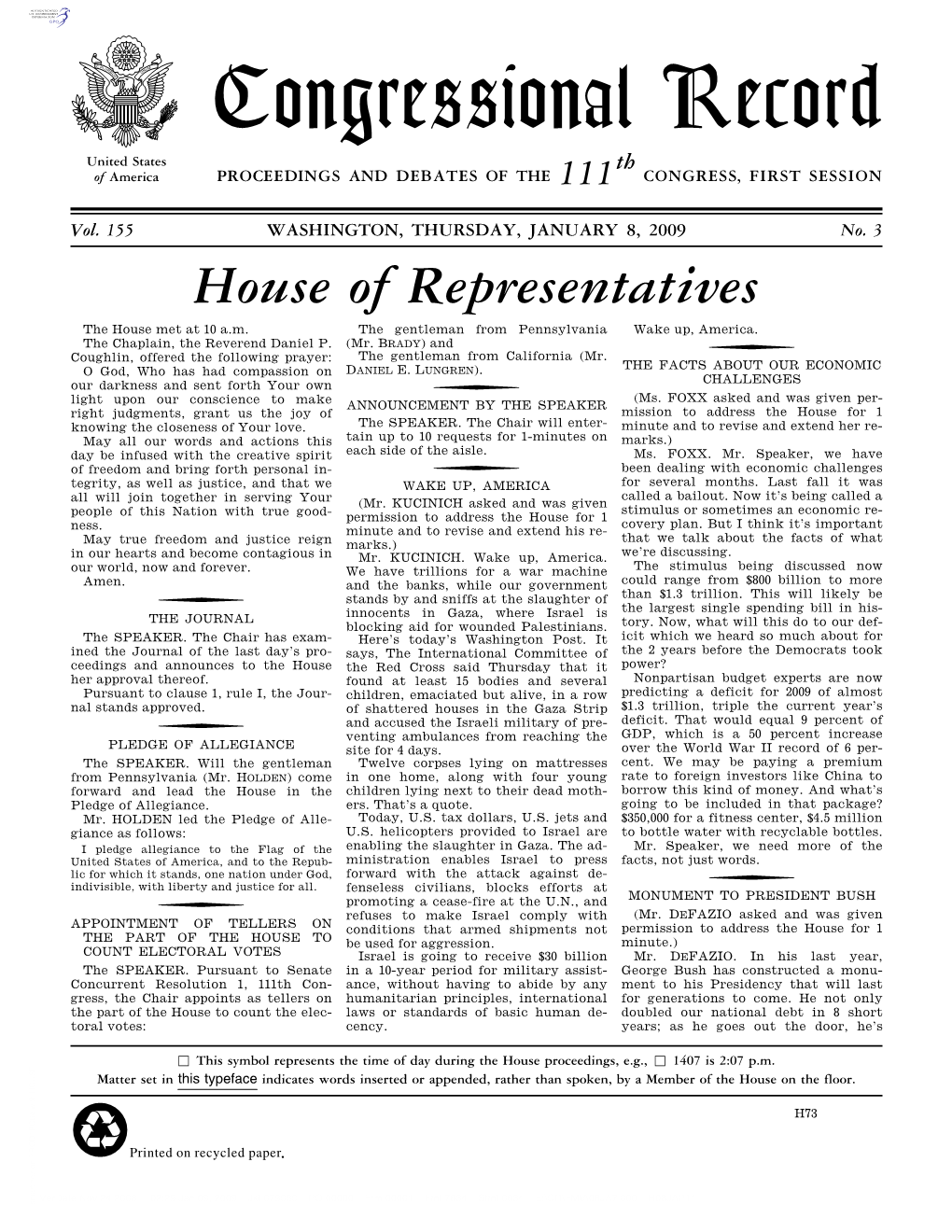 Congressional Record United States Th of America PROCEEDINGS and DEBATES of the 111 CONGRESS, FIRST SESSION