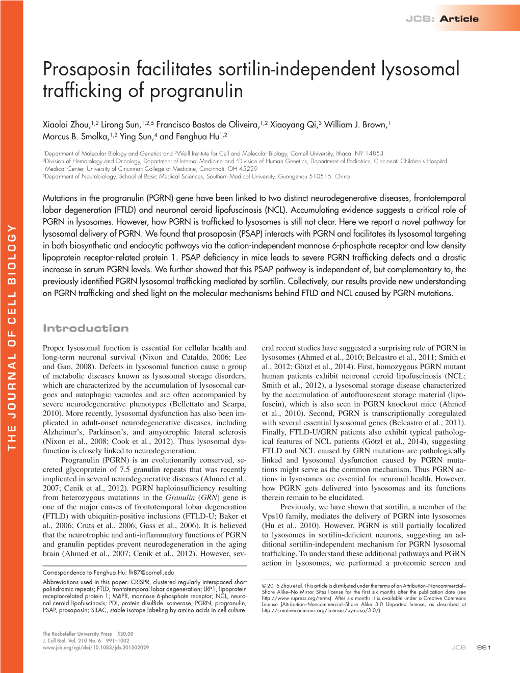 Prosaposin Facilitates Sortilin-Independent Lysosomal Trafficking of Progranulin