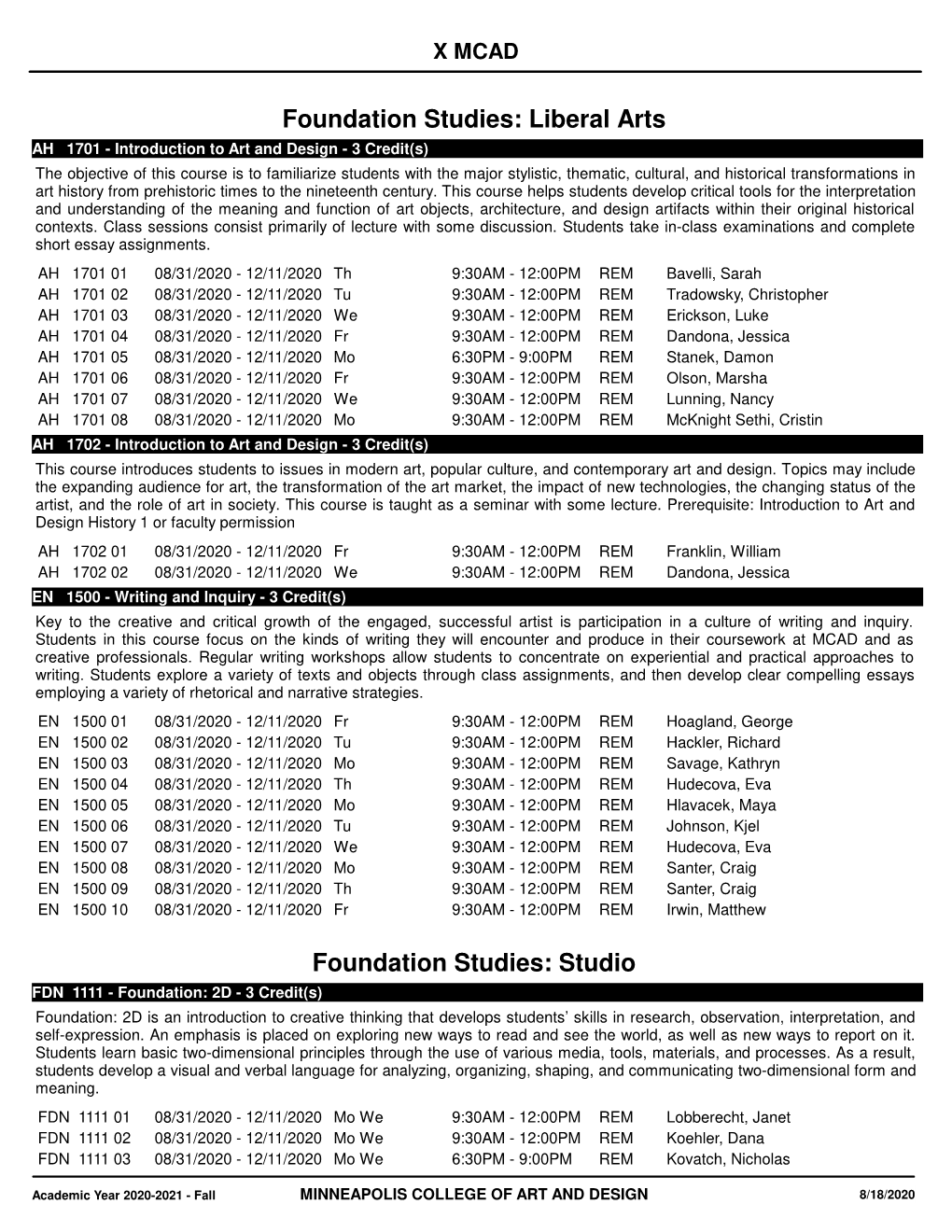 2020 Fall Course Schedule