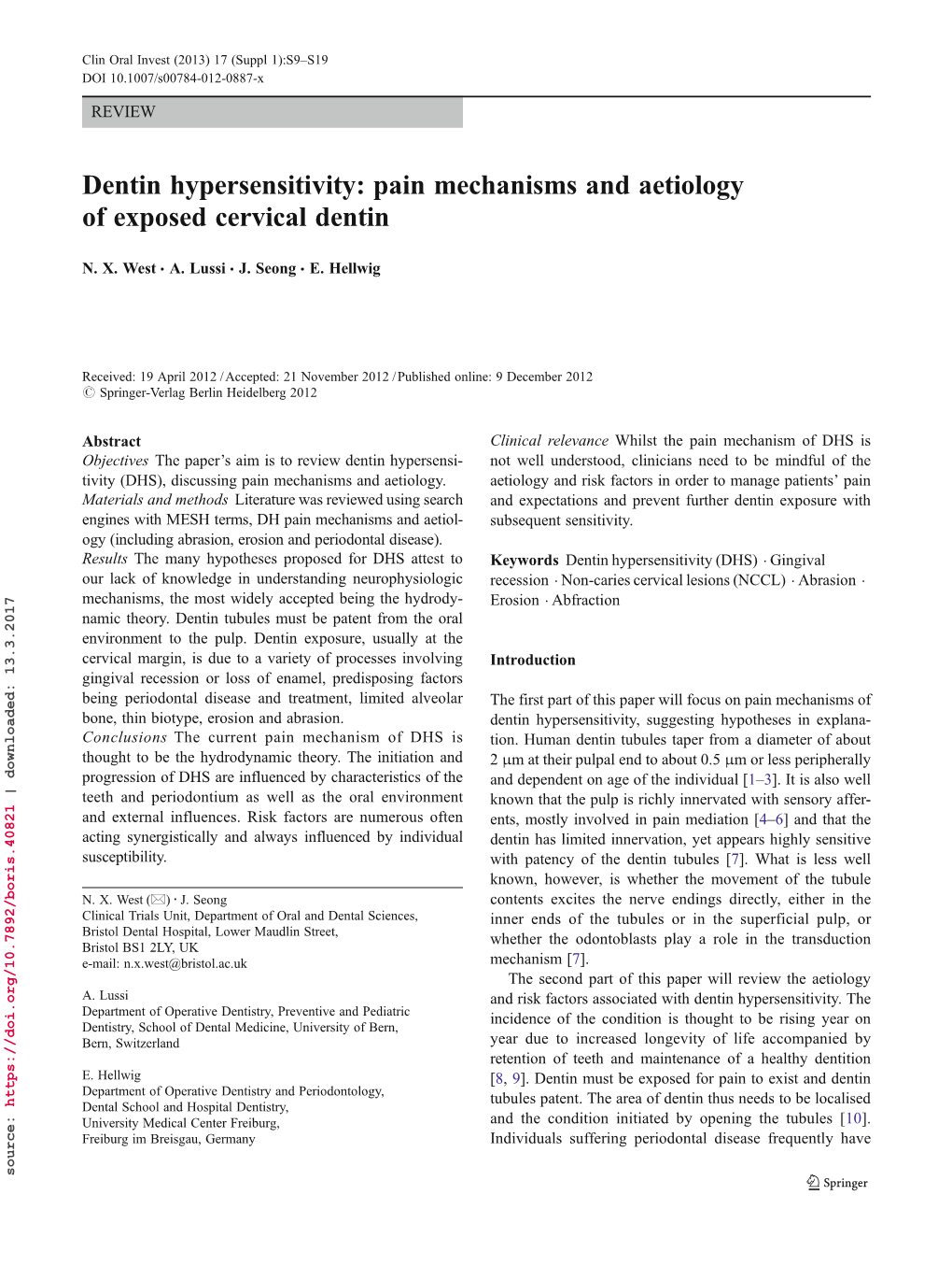 Dentin Hypersensitivity: Pain Mechanisms and Aetiology of Exposed Cervical Dentin