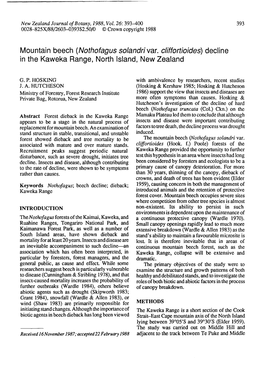 Hosking & Hutcheson—Mountain Beech Decline in the Kaweka Range