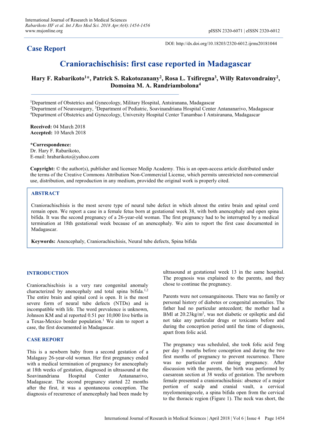 Craniorachischisis: First Case Reported in Madagascar