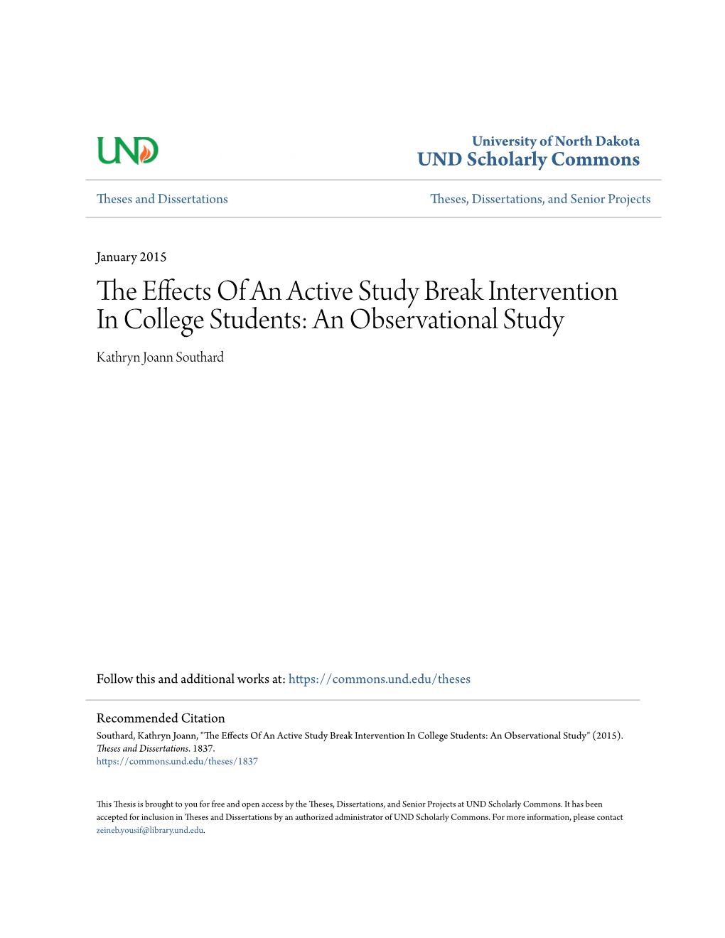 The Effects of an Active Study Break Intervention in College Students: an Observational Study" (2015)