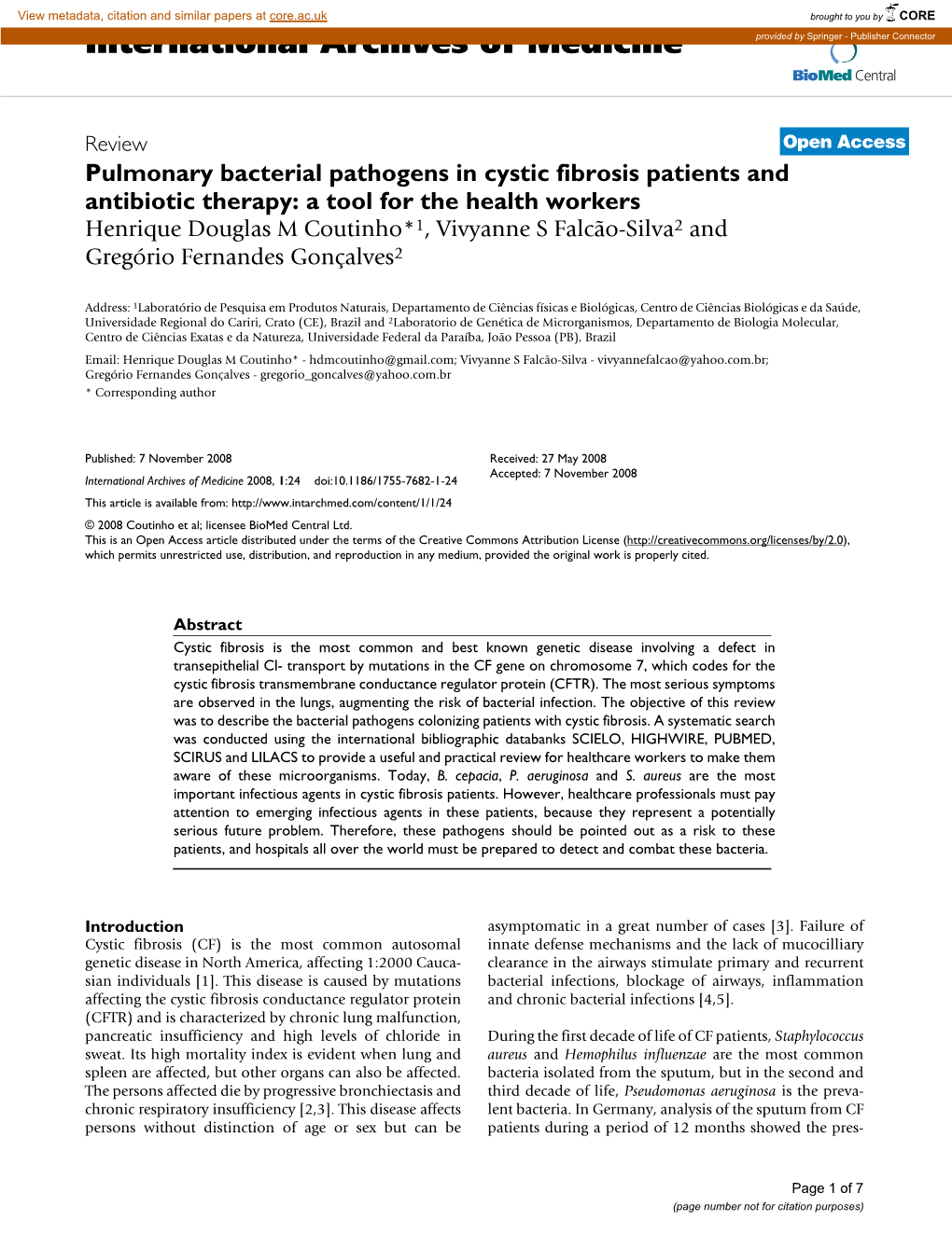 Pulmonary Bacterial Pathogens in Cystic Fibrosis Patients and Antibiotic Therapy