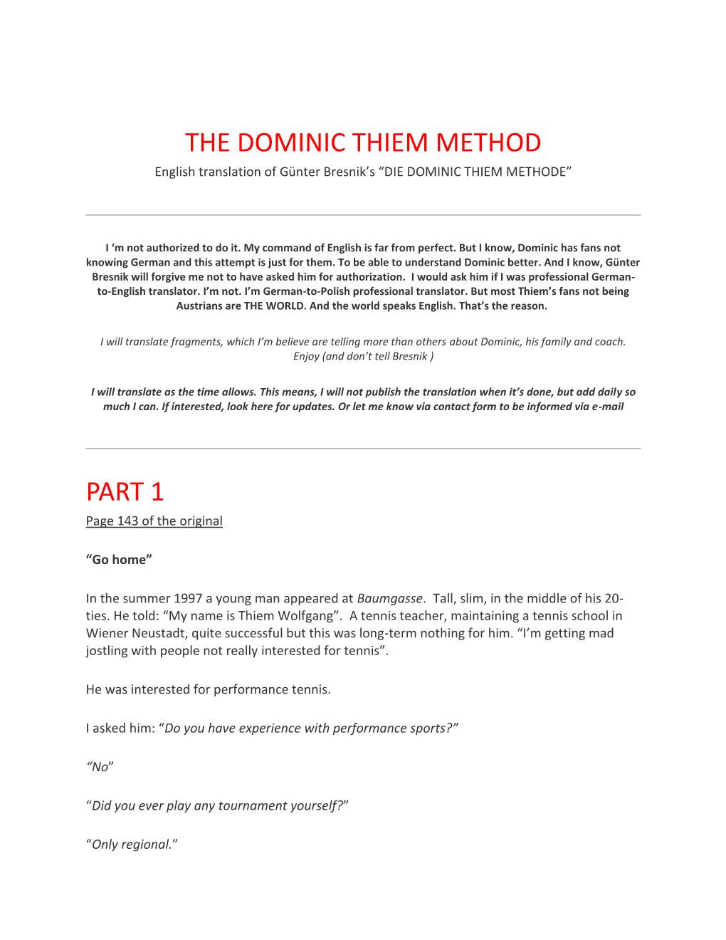 DOMINIC THIEM METHOD English Translation of Günter Bresnik’S “DIE DOMINIC THIEM METHODE”