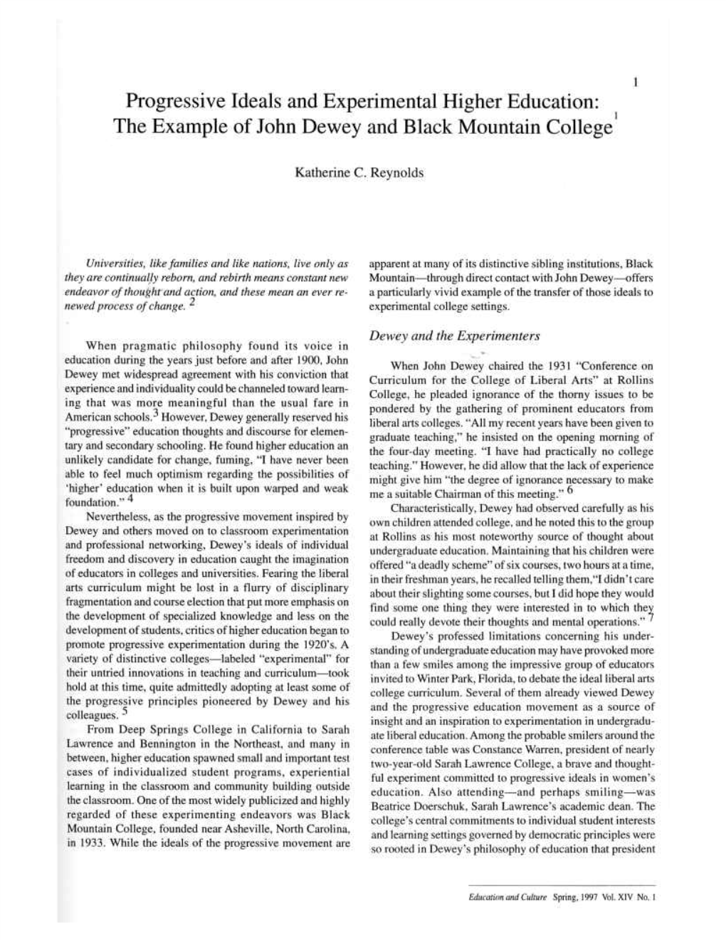 The Example of John Dewey and Black Mountain College