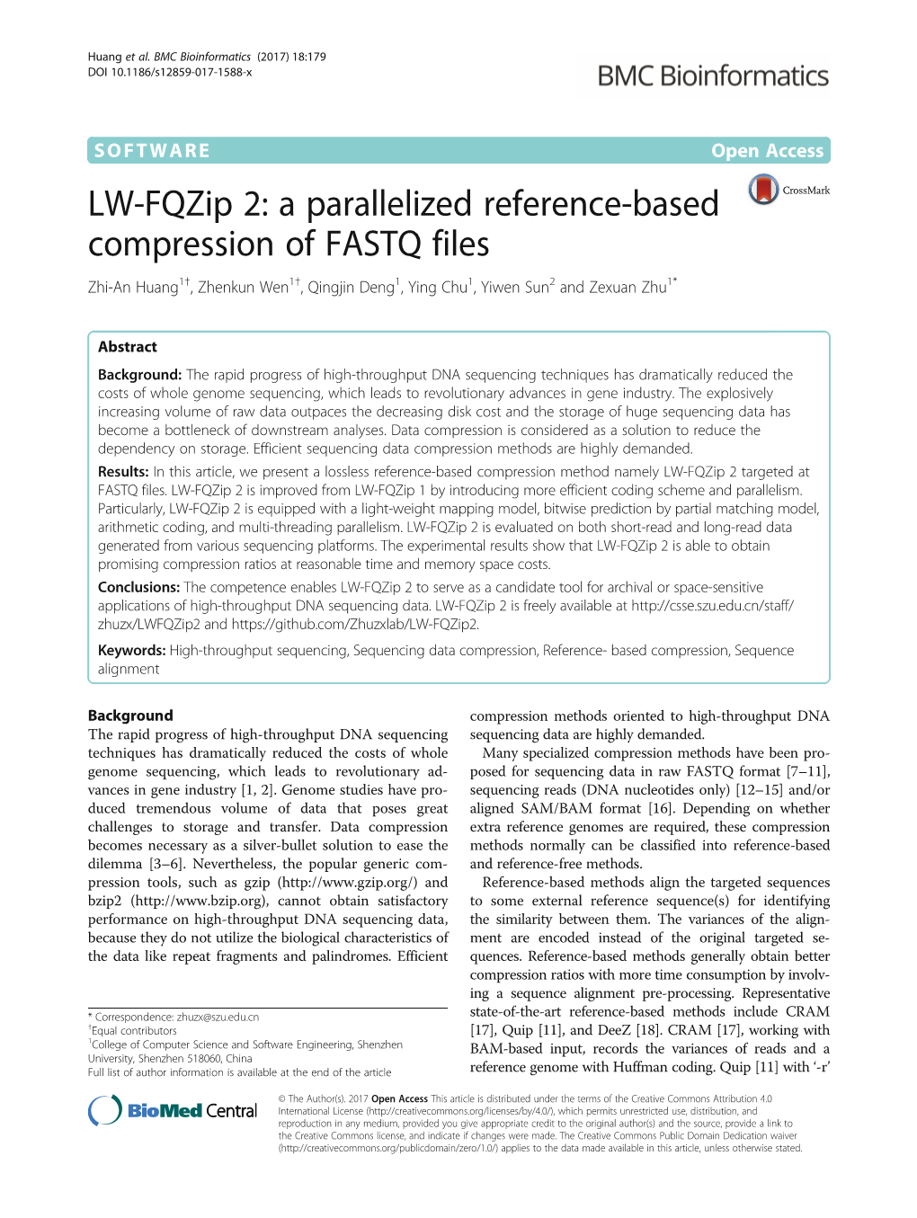 LW-Fqzip 2: a Parallelized Reference-Based Compression of FASTQ Files Zhi-An Huang1†, Zhenkun Wen1†, Qingjin Deng1, Ying Chu1, Yiwen Sun2 and Zexuan Zhu1*