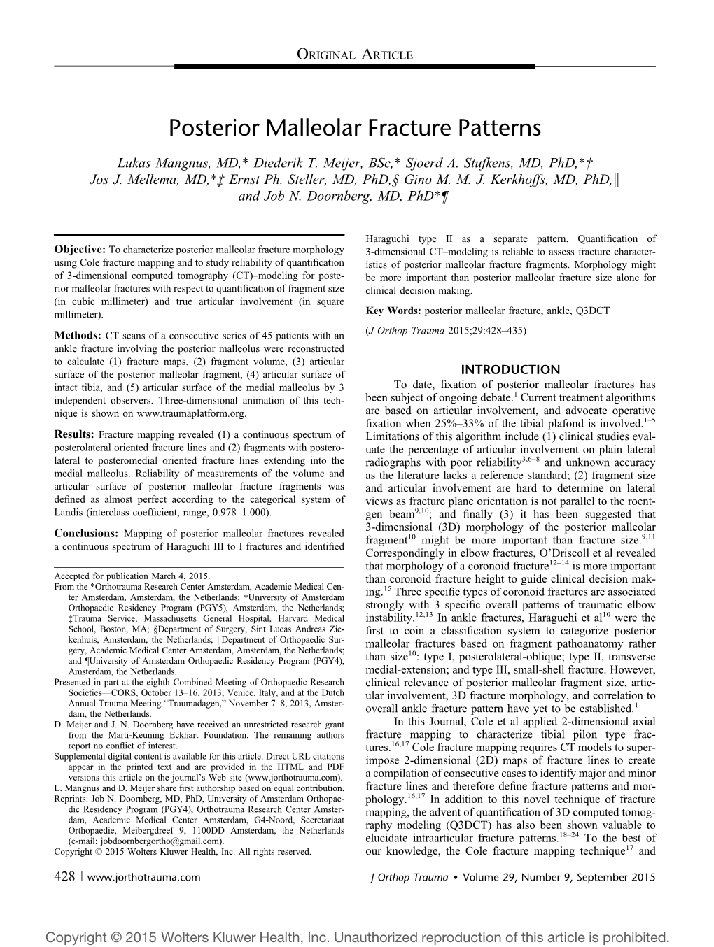 Posterior Malleolar Fracture Patterns Traumadagen, “ W Cient, Range, 0.978 ﬁ 5 1 0 2 Ict of Interest
