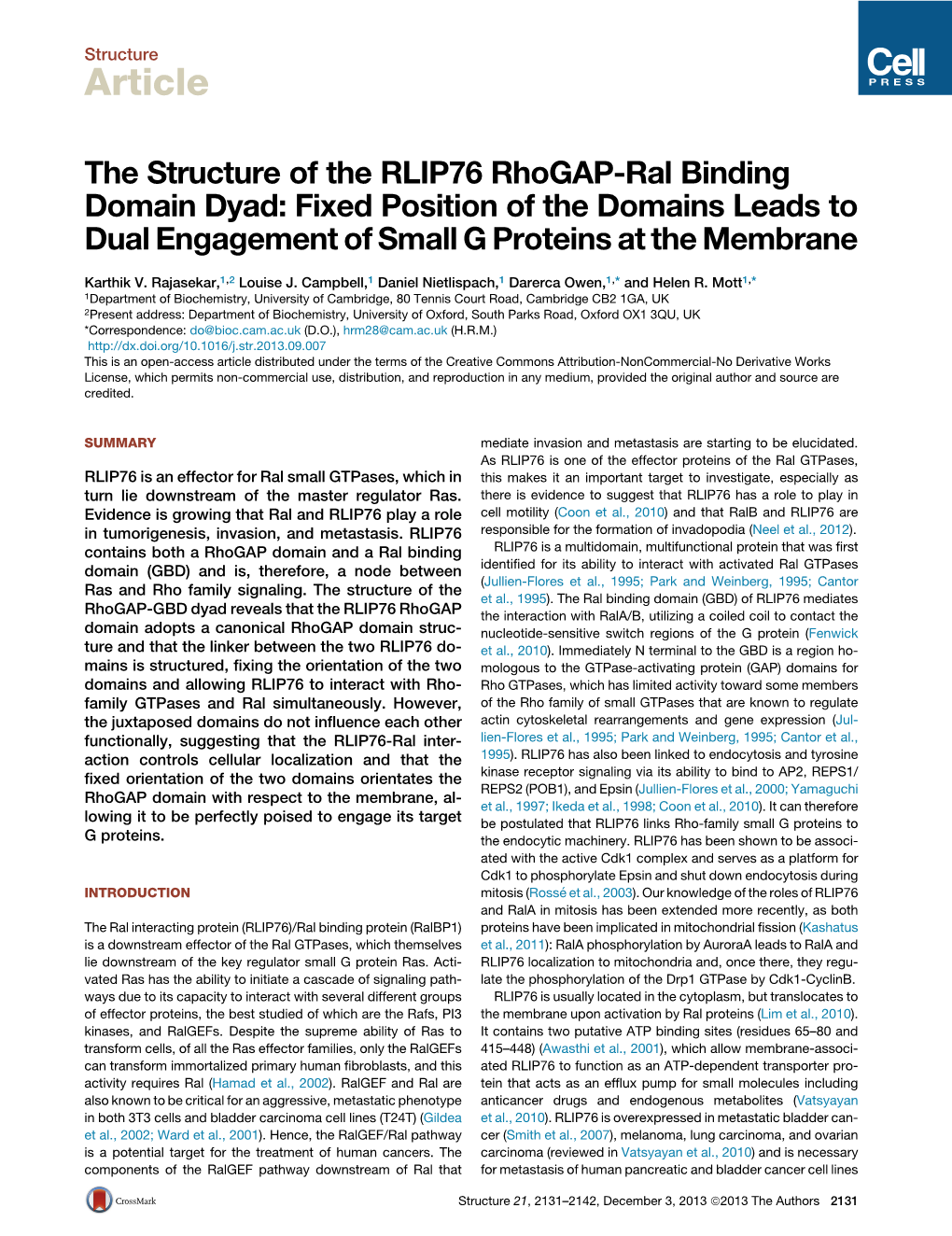 The Structure of the RLIP76 Rhogap-Ral Binding Domain Dyad: Fixed Position of the Domains Leads to Dual Engagement of Small G Proteins at the Membrane