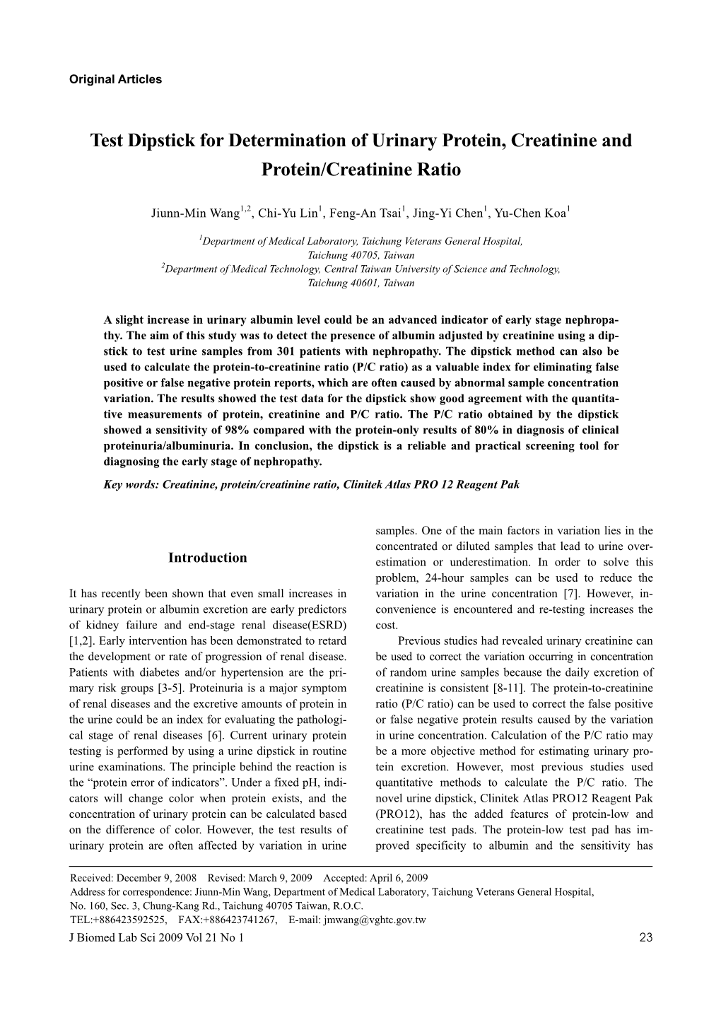 Test Dipstick for Determination of Urinary Protein, Creatinine and Protein/Creatinine Ratio