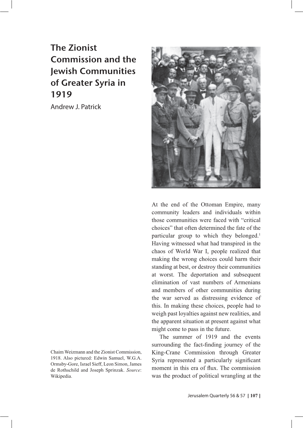 The Zionist Commission and the Jewish Communities of Greater Syria in 1919 Andrew J