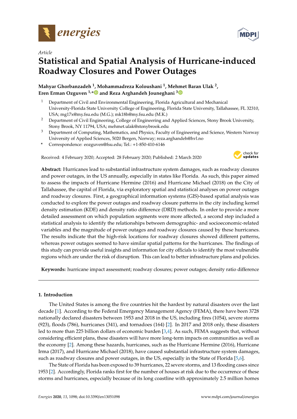 Statistical and Spatial Analysis of Hurricane-Induced Roadway Closures and Power Outages