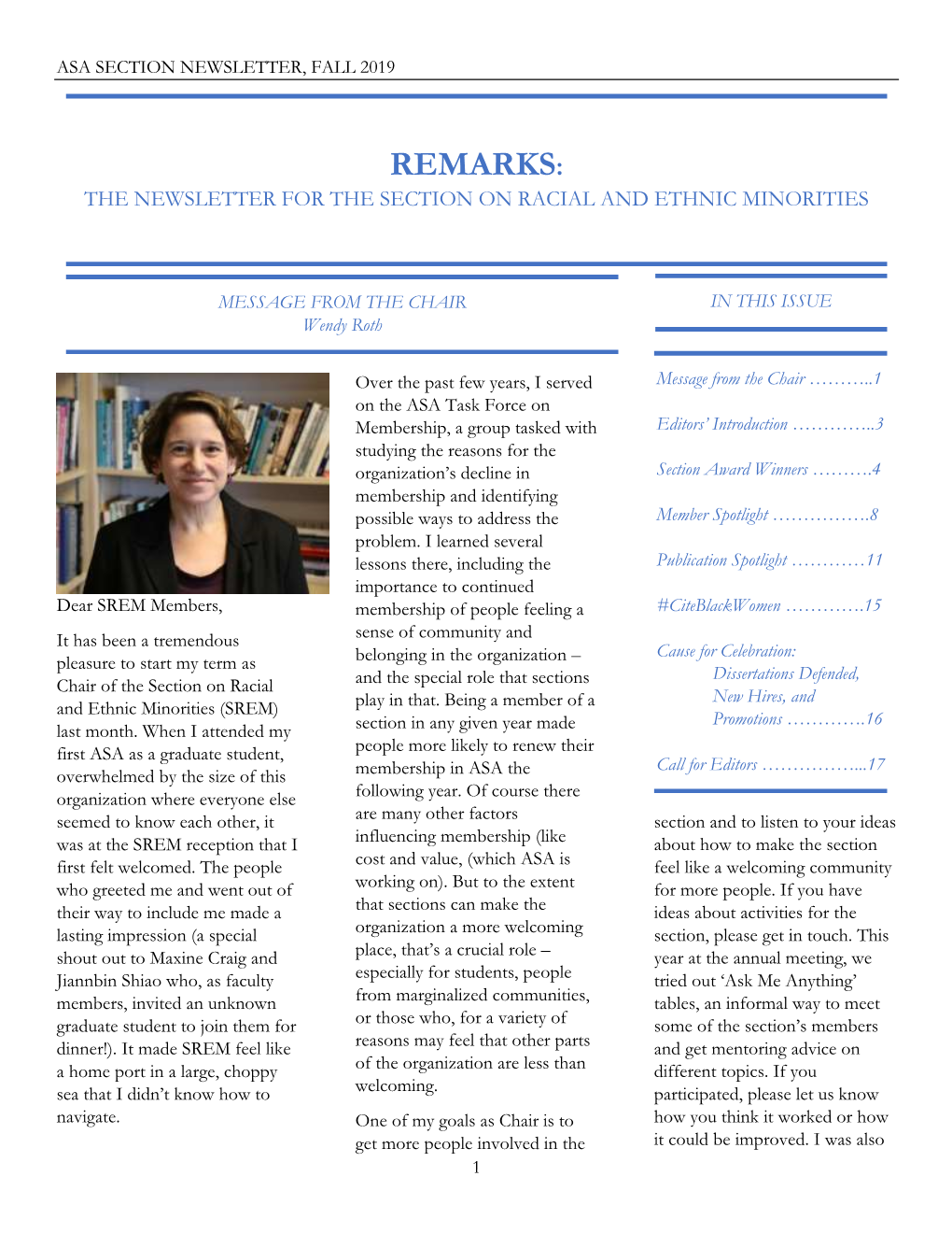 Remarks: the Newsletter for the Section on Racial and Ethnic Minorities
