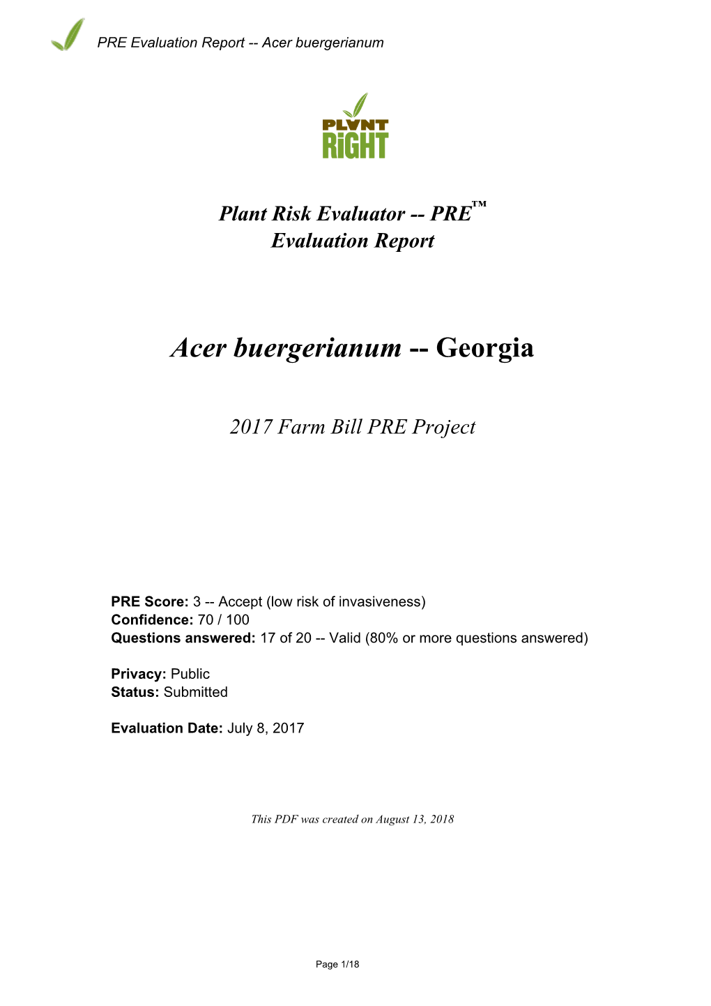 PRE Evaluation Report for Acer Buergerianum