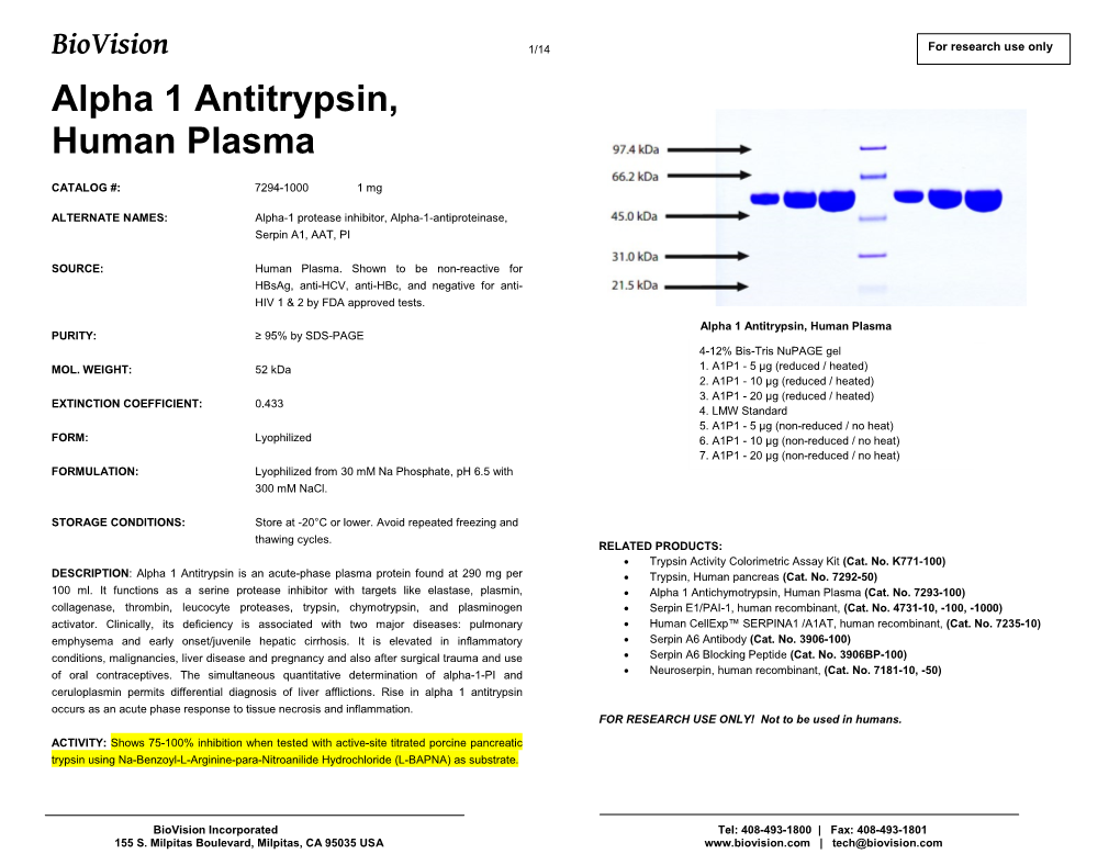 Alpha 1 Antitrypsin, Human Plasma PURITY: ≥ 95% by SDS-PAGE 4-12% Bis-Tris Nupage Gel MOL