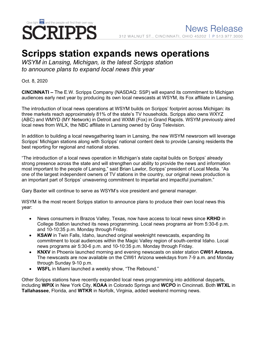 Scripps Station Expands News Operations WSYM in Lansing, Michigan, Is the Latest Scripps Station to Announce Plans to Expand Local News This Year