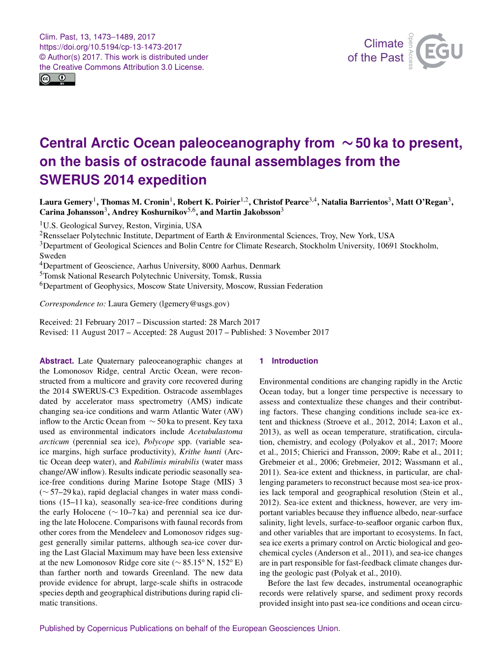 Central Arctic Ocean Paleoceanography from ∼50 Ka to Present, on the Basis of Ostracode Faunal Assemblages from the SWERUS