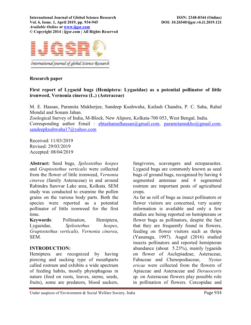 Research Paper First Report of Lygaeid Bugs (Hemiptera: Lygaeidae) As A