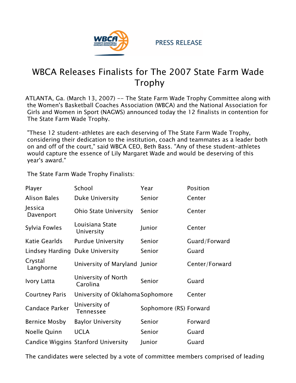 WBCA Releases Finalists for the 2007 State Farm Wade Trophy