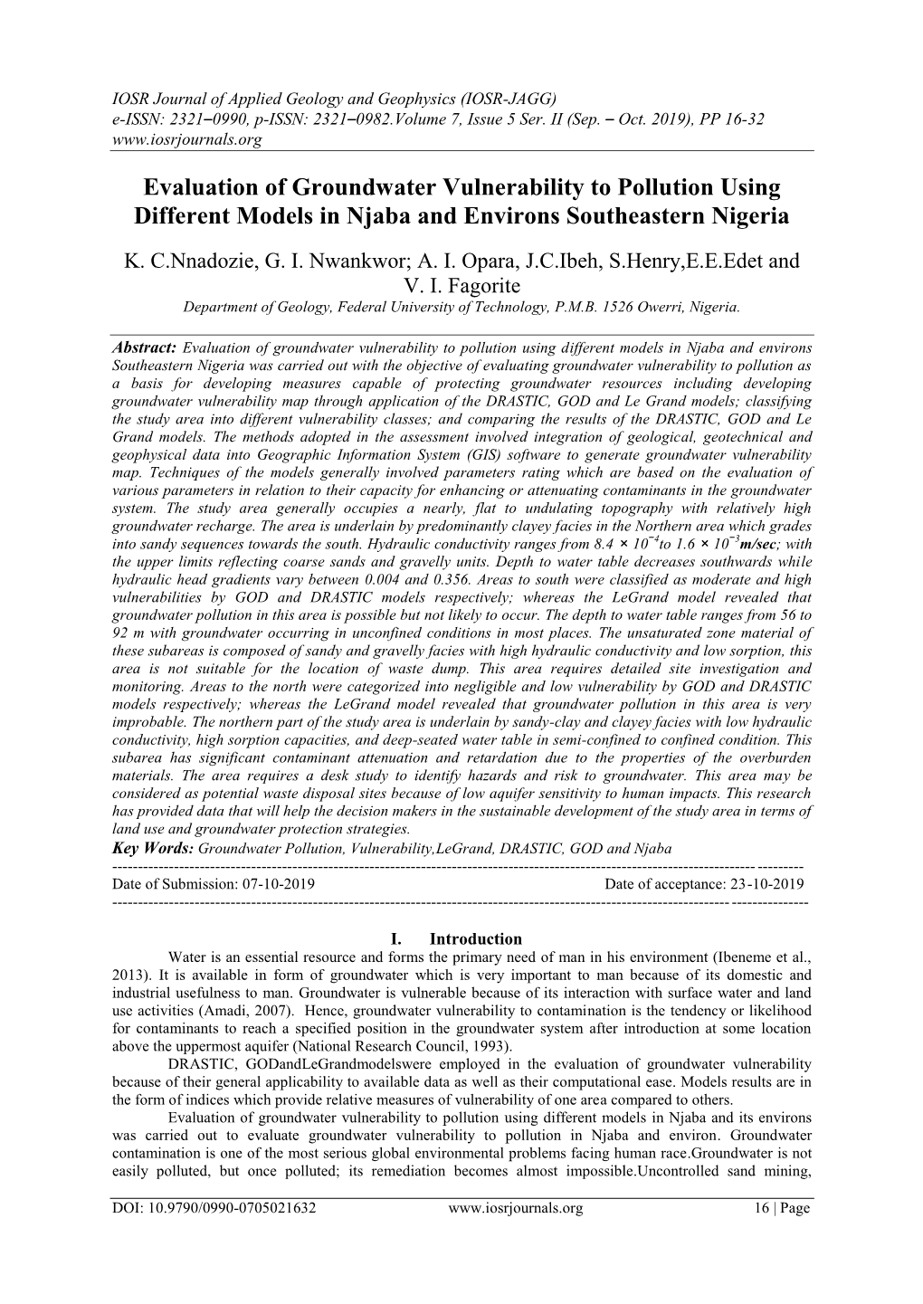 Evaluation of Groundwater Vulnerability to Pollution Using Different Models in Njaba and Environs Southeastern Nigeria