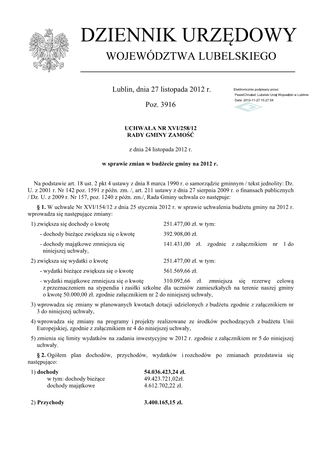 Uchwała Nr XVI/258/12 Z Dnia 24 Listopada 2012 R