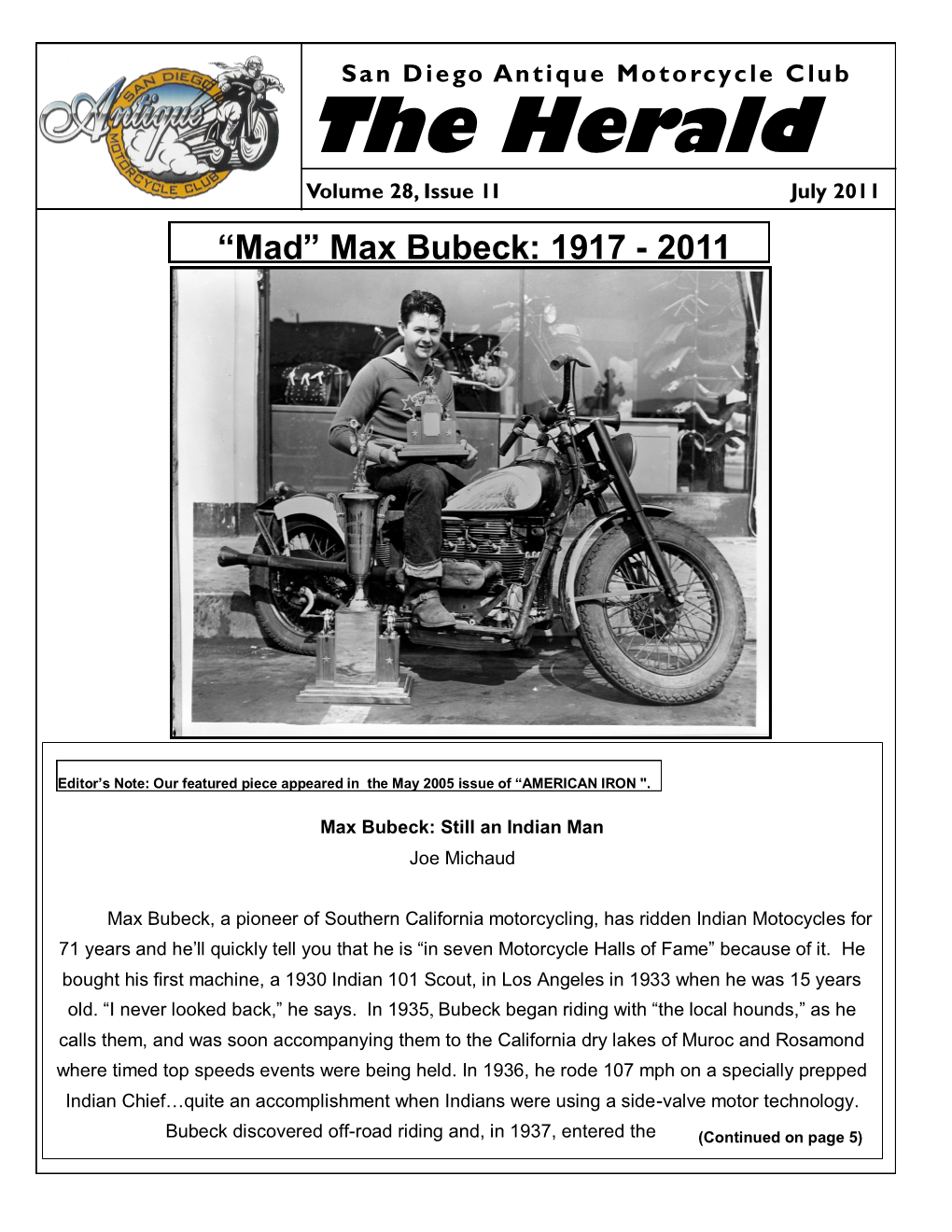 The Herald Volume 28, Issue 1I July 2011 “Mad” Max Bubeck: 1917 - 2011