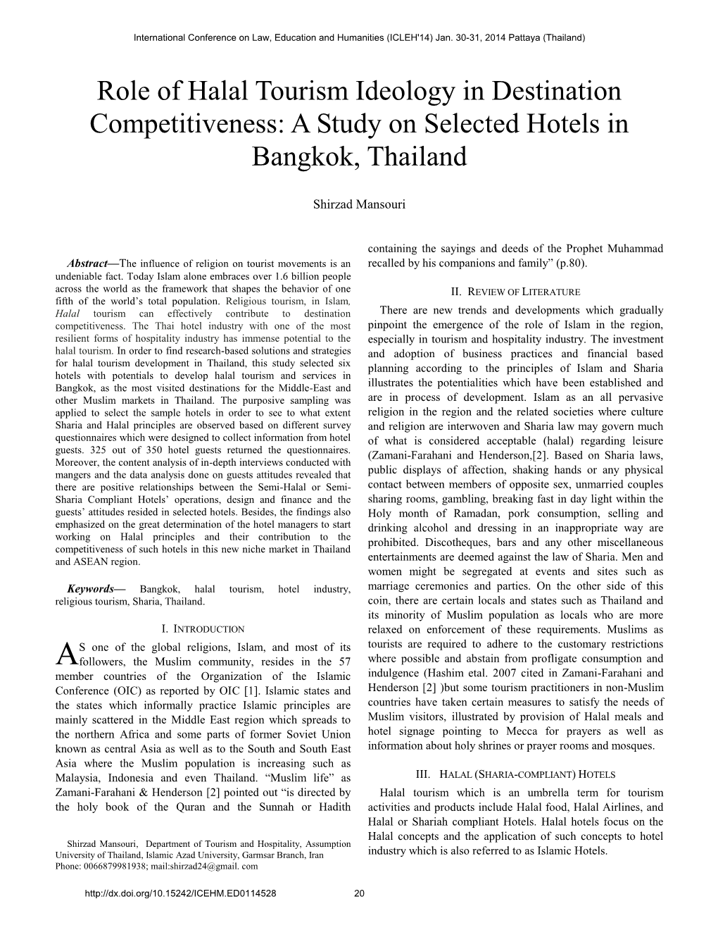 Role of Halal Tourism Ideology in Destination Competitiveness: a Study on Selected Hotels in Bangkok, Thailand