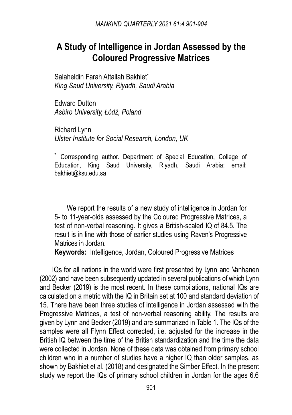 A Study of Intelligence in Jordan Assessed by the Coloured Progressive Matrices