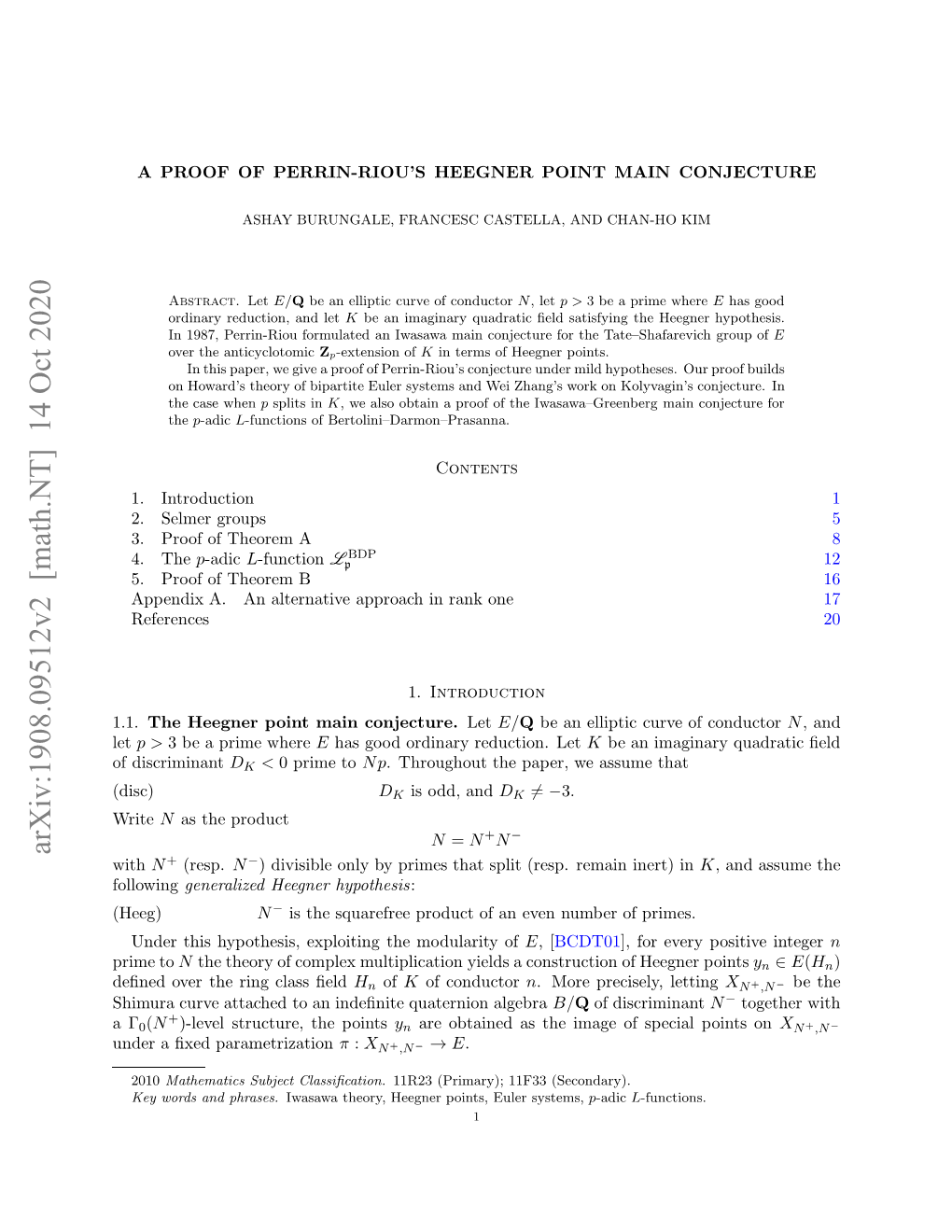 Arxiv:1908.09512V2 [Math.NT] 14 Oct 2020