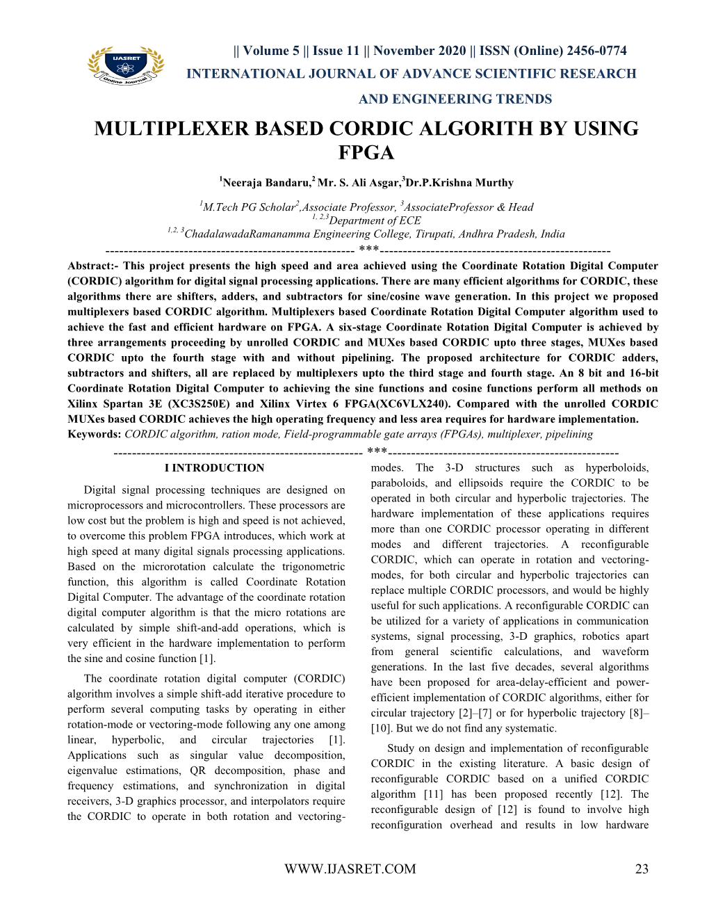 Multiplexer Based Cordic Algorith by Using Fpga