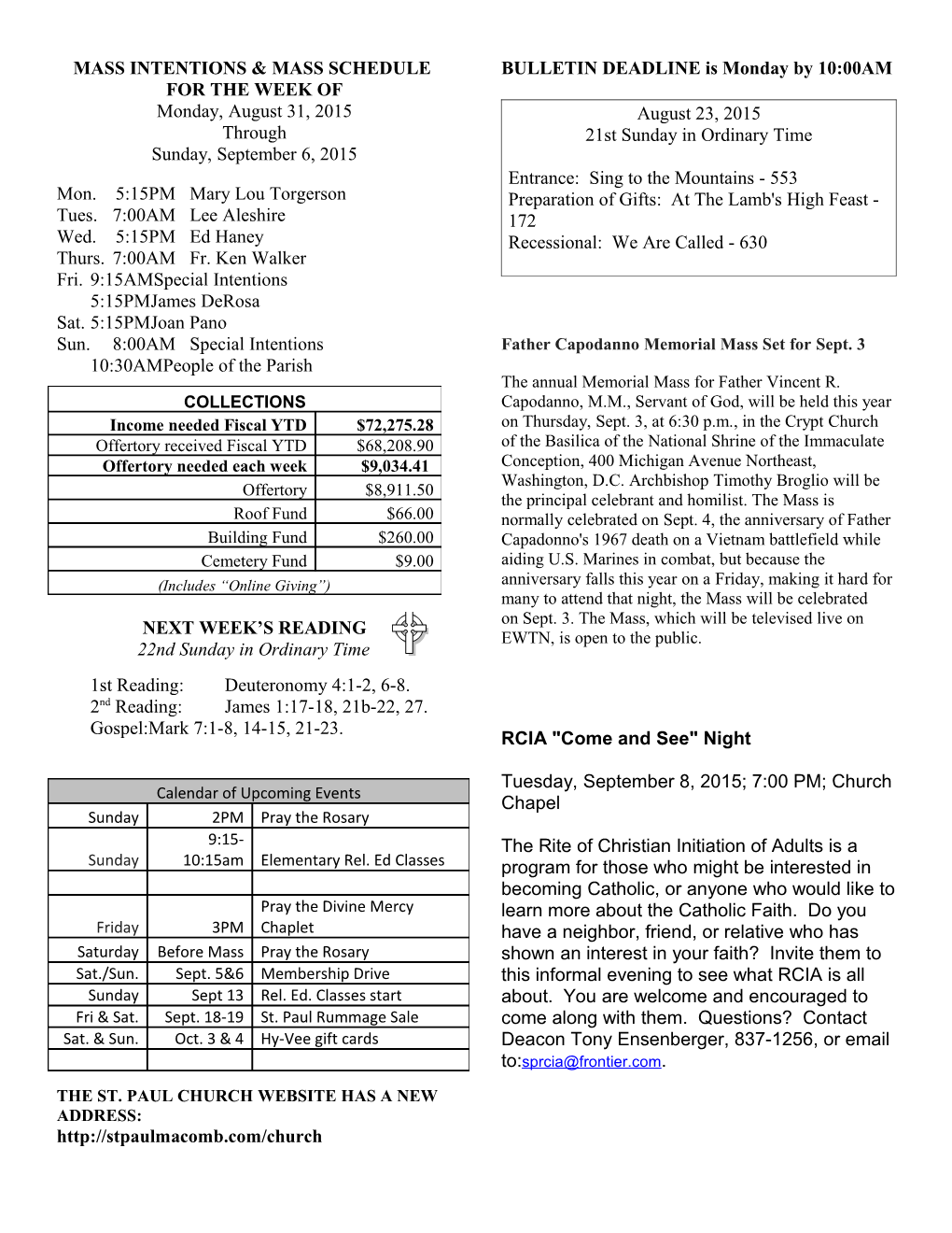 Mass Intentions & Mass Schedule