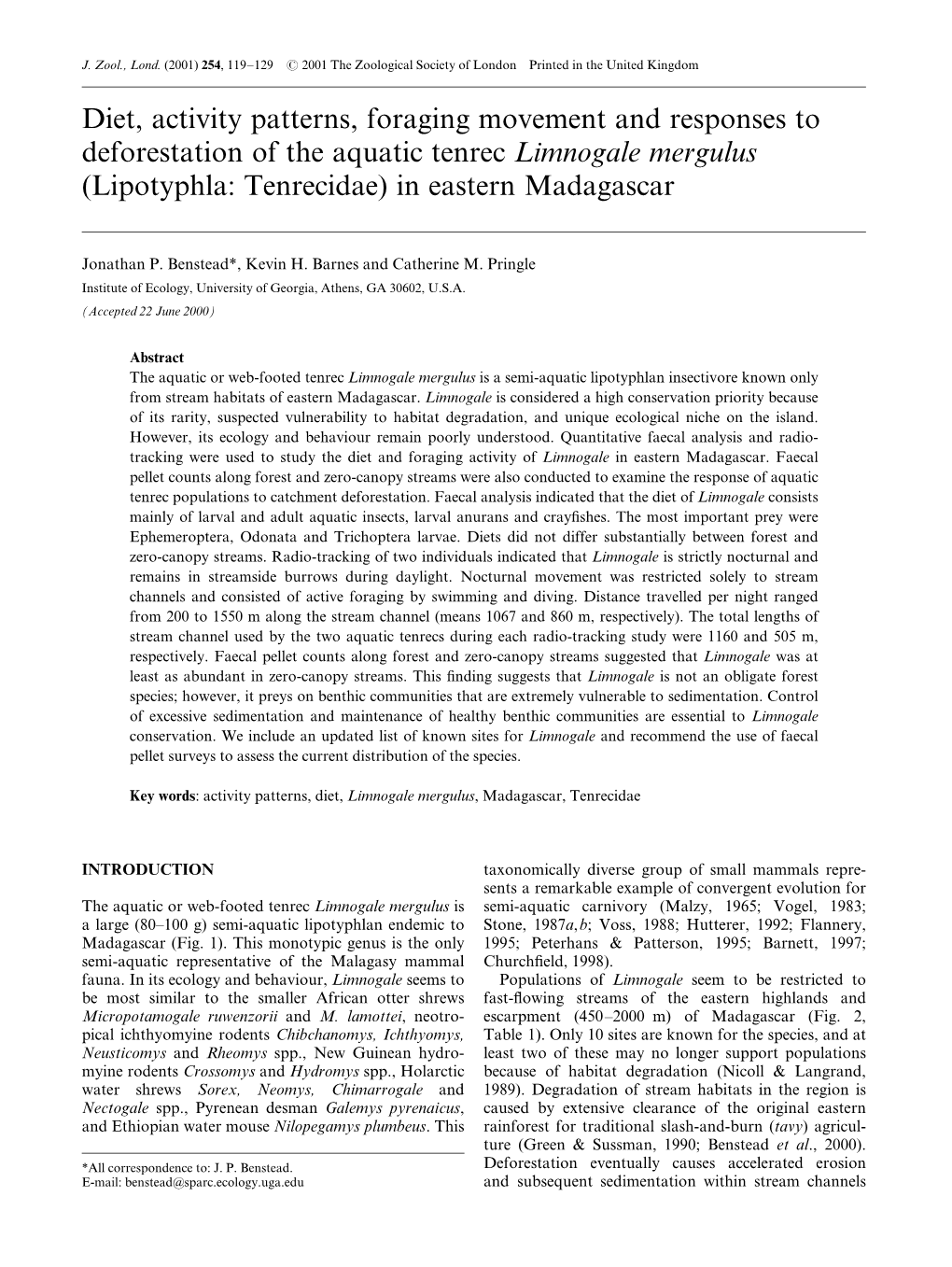 Diet, Activity Patterns, Foraging Movement and Responses to Deforestation of the Aquatic Tenrec Limnogale Mergulus (Lipotyphla: Tenrecidae) in Eastern Madagascar