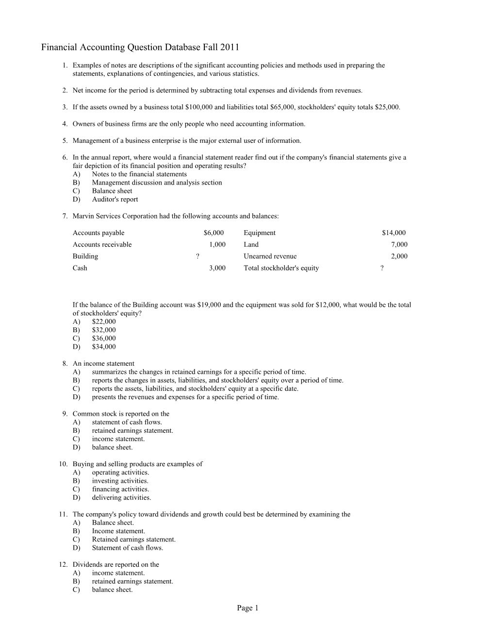 Financial Accounting Question Database Fall 2011