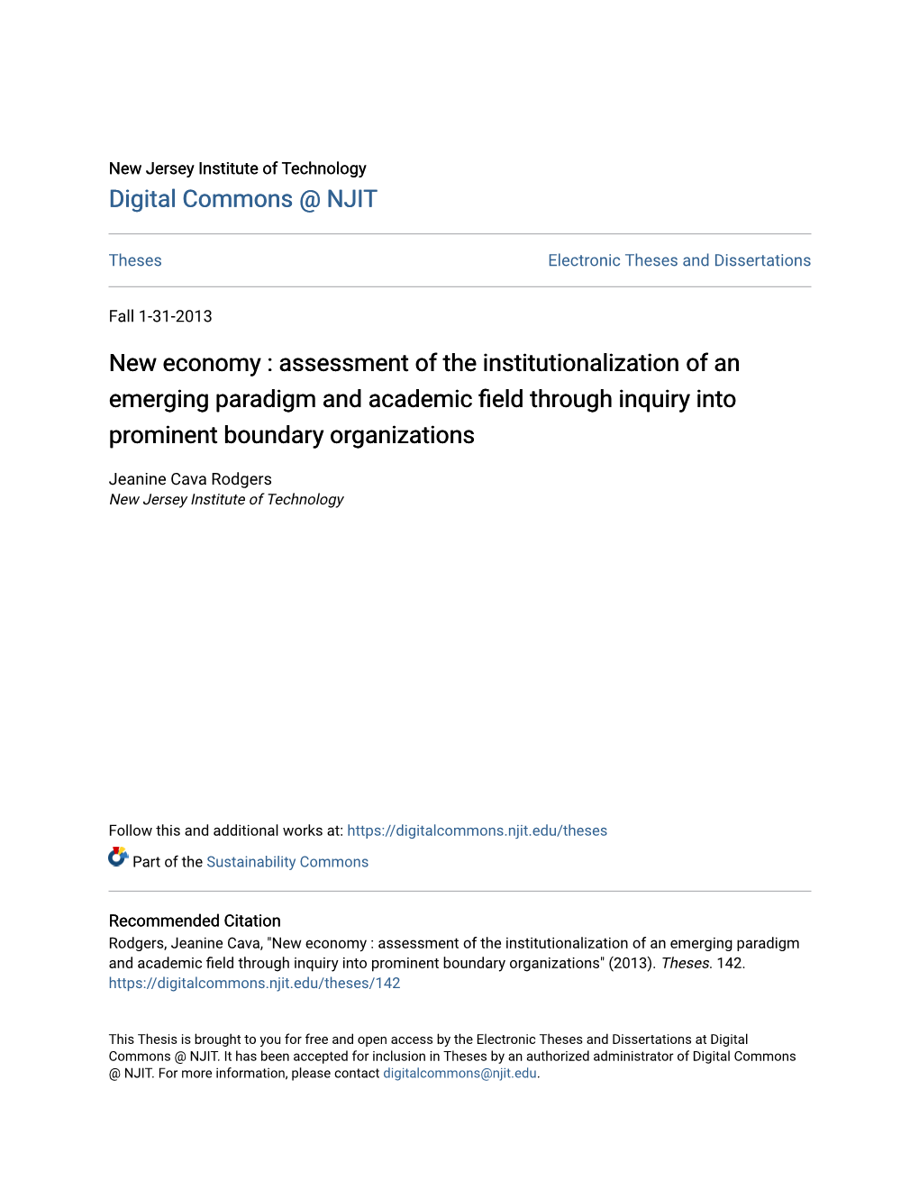 New Economy : Assessment of the Institutionalization of an Emerging Paradigm and Academic Field Through Inquiry Into Prominent Boundary Organizations