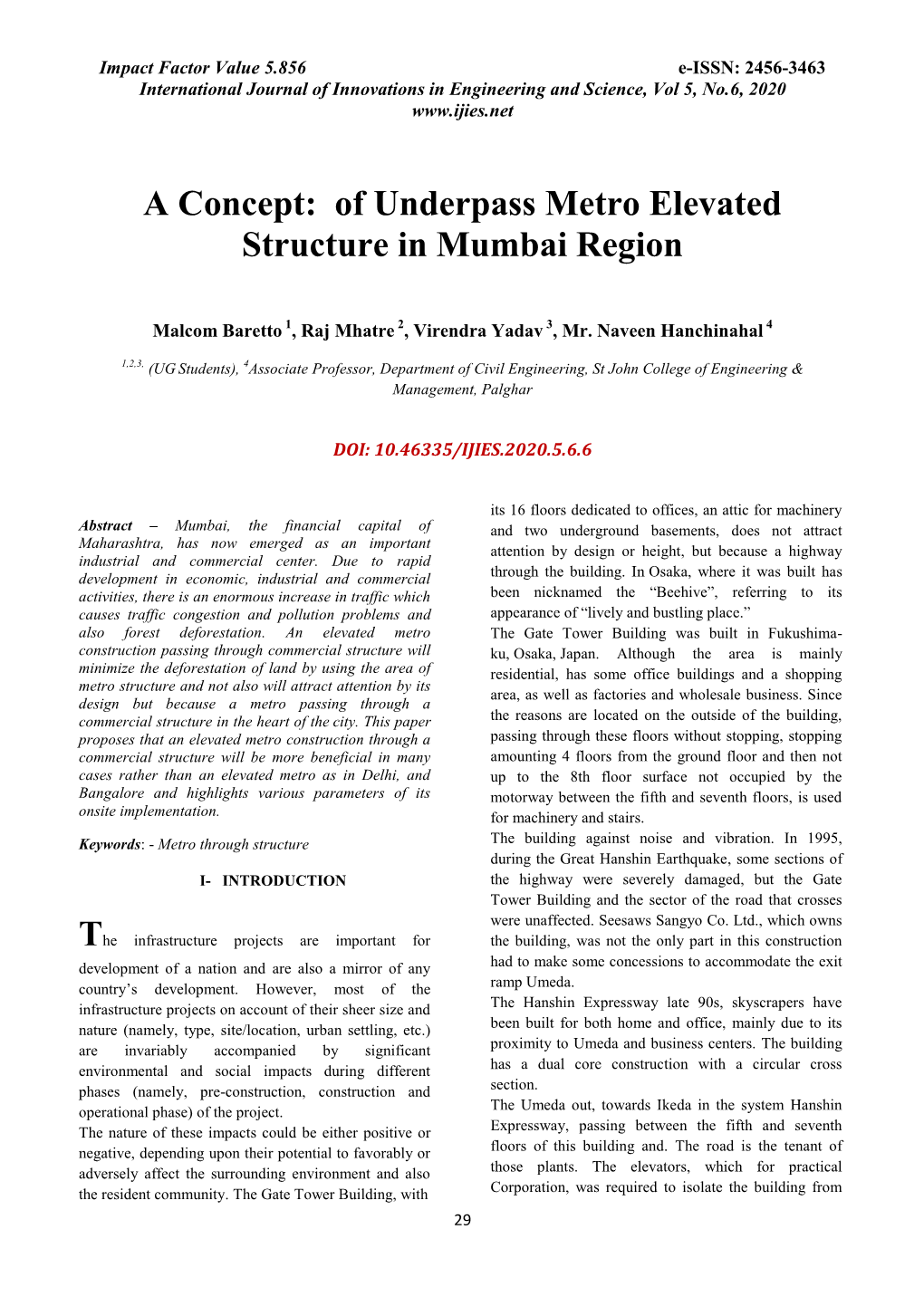 A Concept: of Underpass Metro Elevated Structure in Mumbai Region