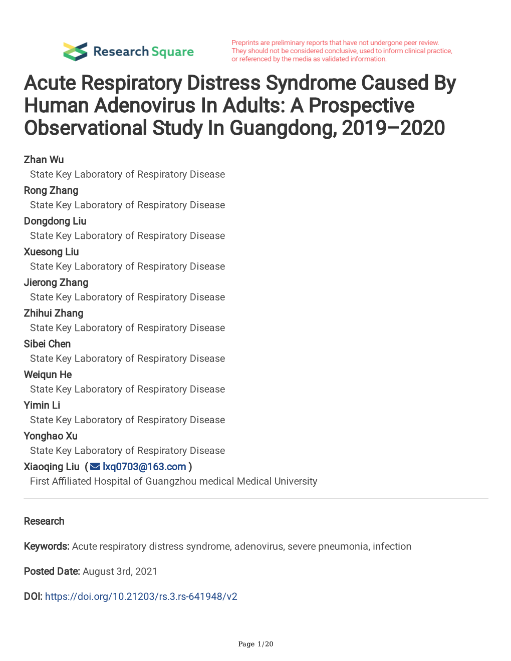 Acute Respiratory Distress Syndrome Caused by Human Adenovirus in Adults: a Prospective Observational Study in Guangdong, 2019–2020