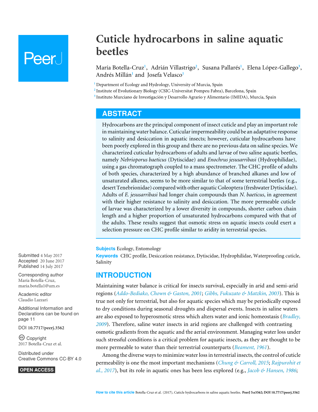 Cuticle Hydrocarbons in Saline Aquatic Beetles