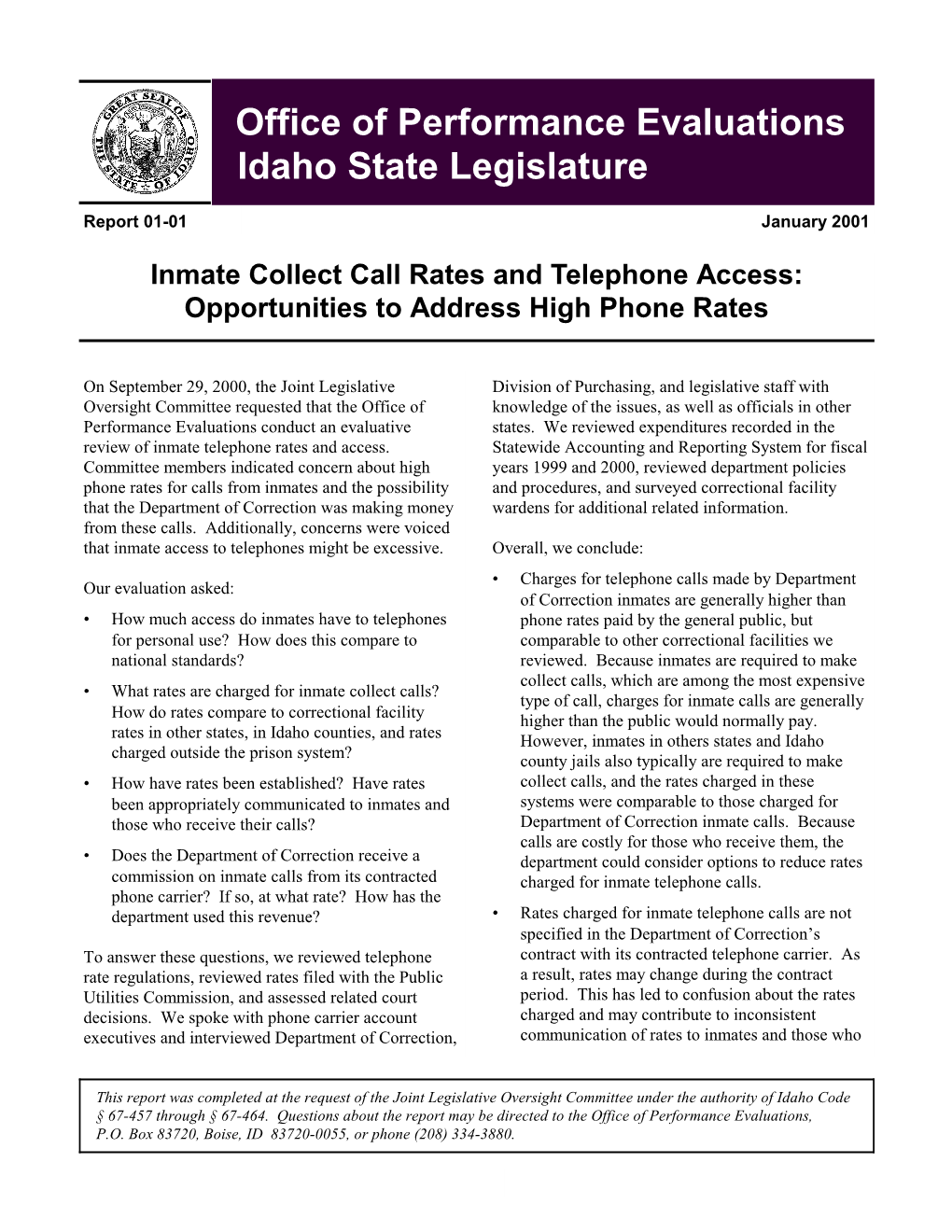 Inmate Collect Call Rates and Telephone Access: Opportunities to Address High Phone Rates