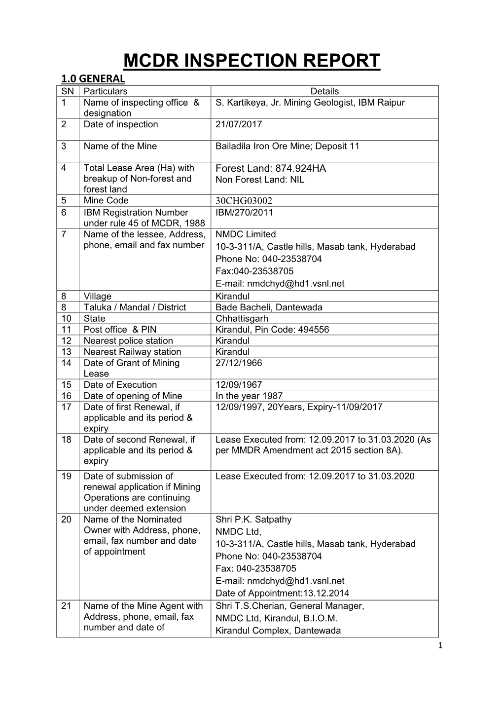 MCDR INSPECTION REPORT 1.0 GENERAL SN Particulars Details 1 Name of Inspecting Office & S