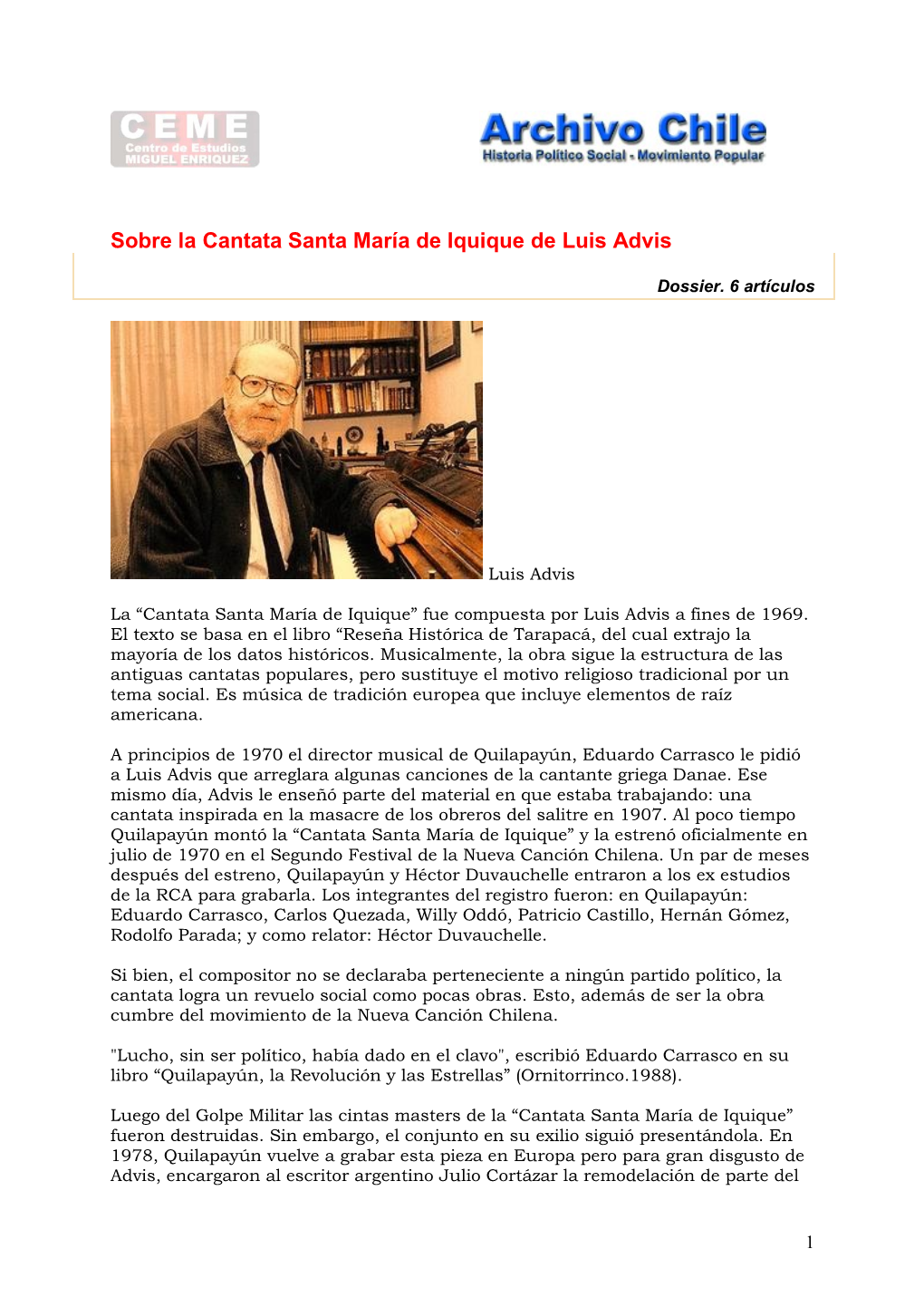 Sobre La Cantata Santa María De Iquique De Luis Advis. Dossier
